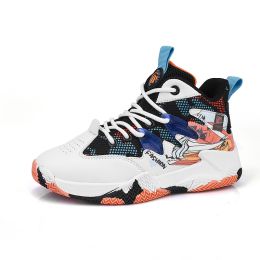 Kids Basketball Shoes Boys Breathable Non-slip Rubber Sole Kids Big Kids Fitness Sneakers Size31-40 New (Color: white orange)