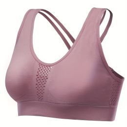 Breathable Mesh Wire-free Sports Bra, Stretchy High Impact Yoga Fitness Gym Cropped Top, Women's Activewear (Color: Fuchsia)